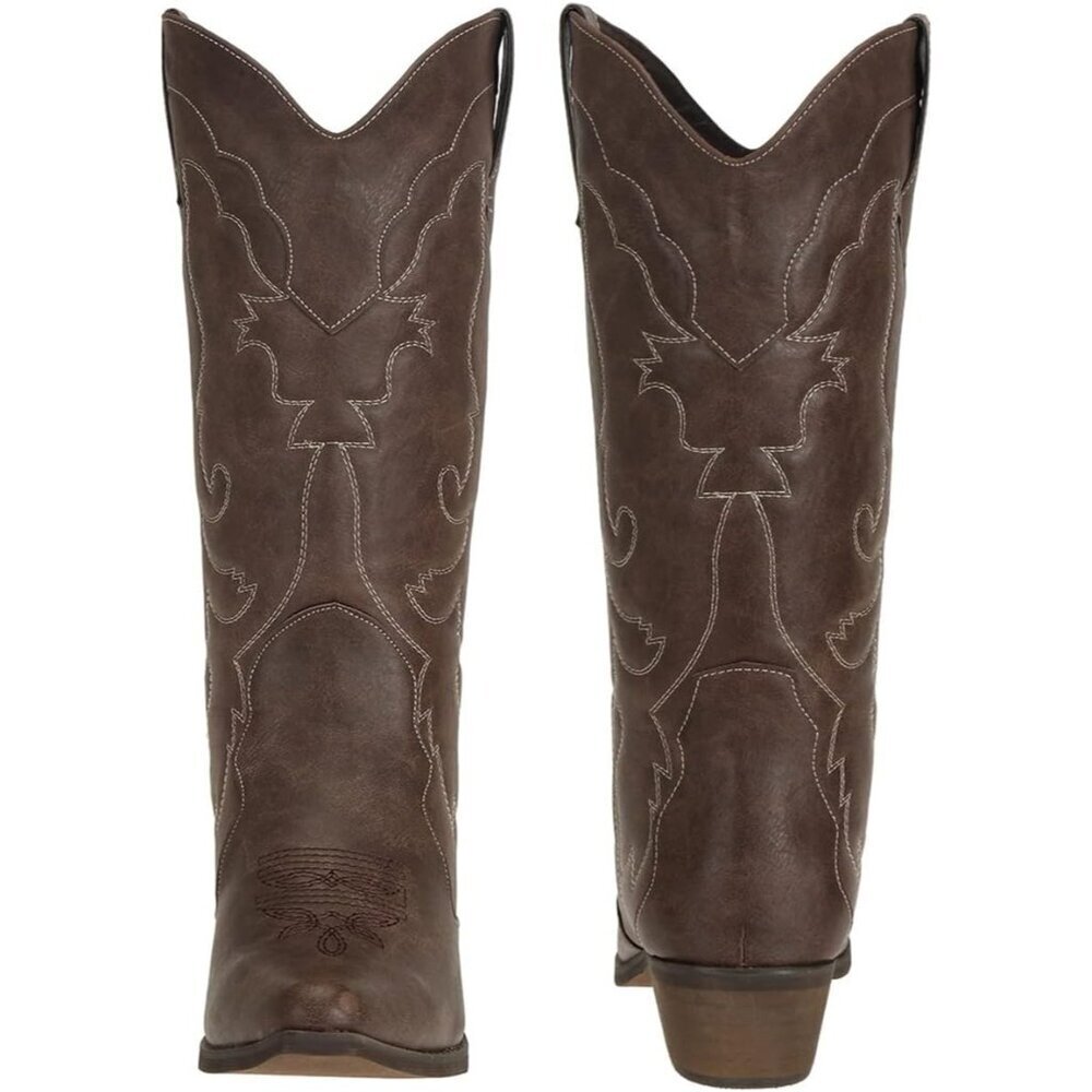 Women's Brown Rubber Cowgirl Wide Calf Fashion Classic Comfortable Western Boots - Picture 4 of 8